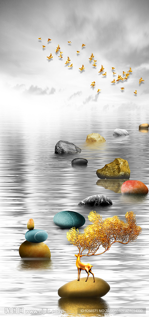 石来运转麋鹿山水玄关晶瓷装饰画