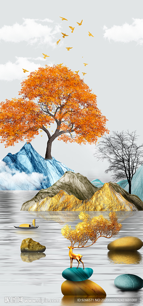 石来运转麋鹿山水玄关晶瓷装饰画
