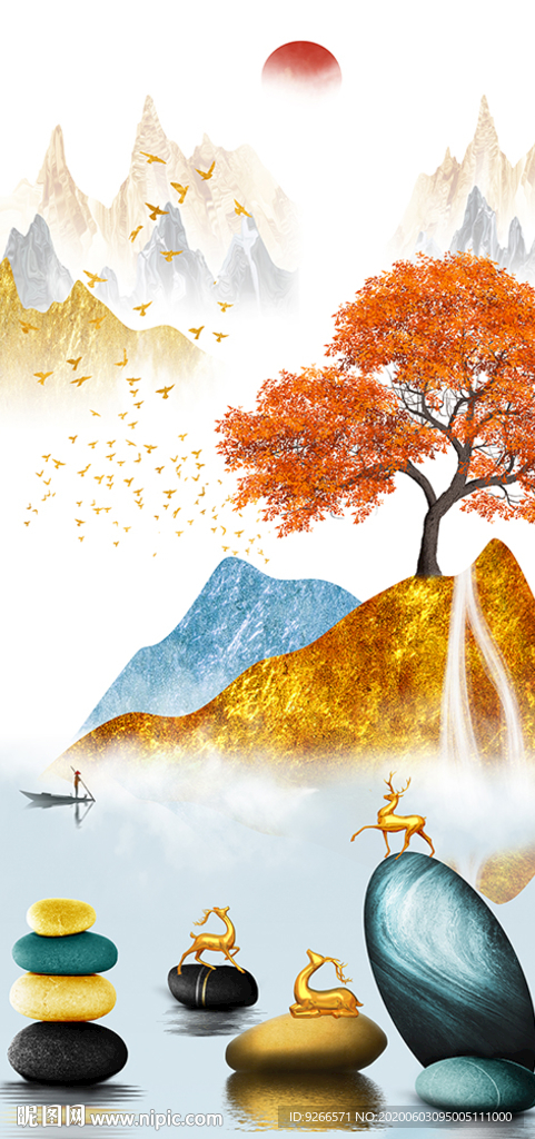 石来运转麋鹿山水玄关晶瓷装饰画