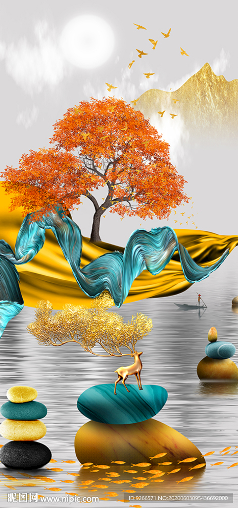 石来运转麋鹿山水玄关晶瓷装饰画