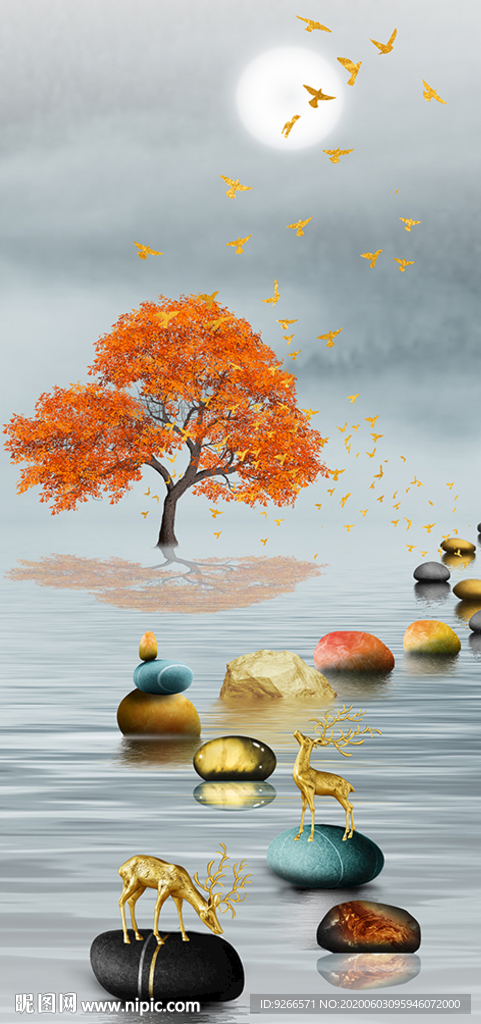 石来运转麋鹿山水玄关晶瓷装饰画