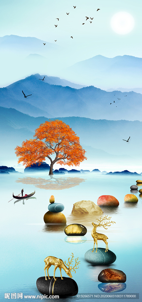 石来运转麋鹿山水玄关晶瓷装饰画