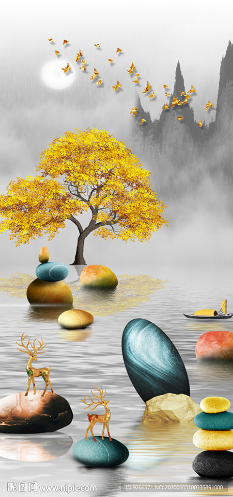 石来运转麋鹿玄关晶瓷画装饰画