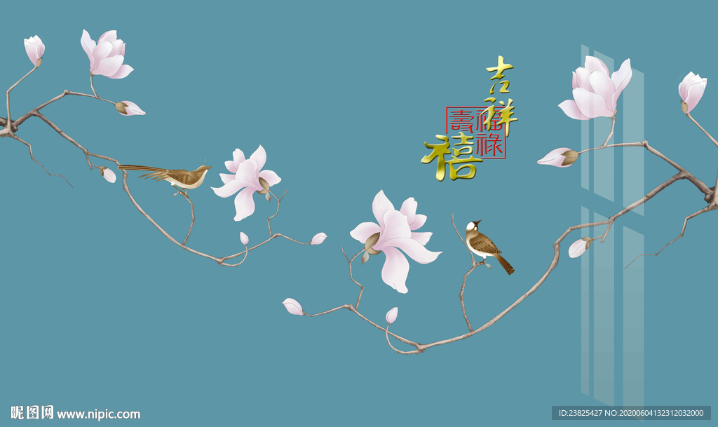 新中式手绘工笔花鸟电视背景墙