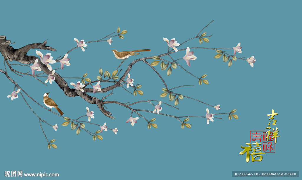 新中式手绘工笔花鸟电视背景墙