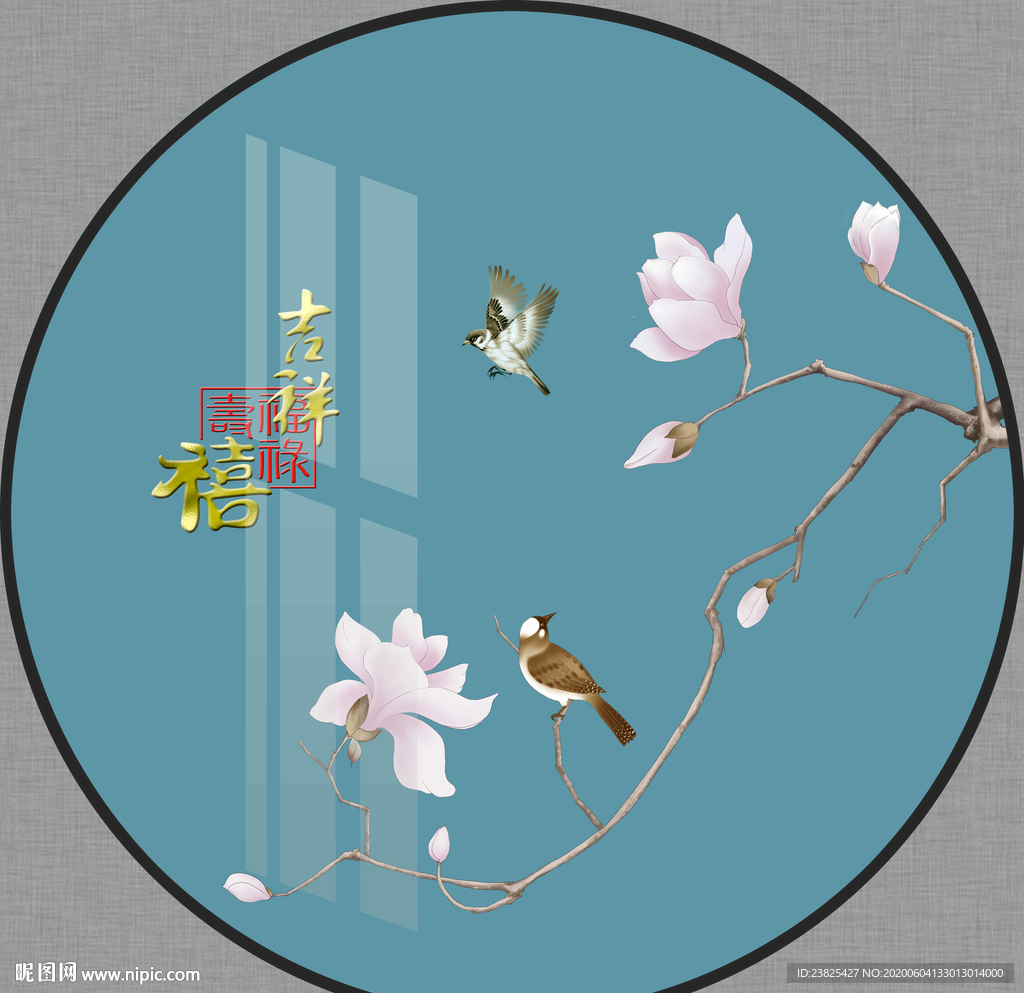新中式手绘工笔花鸟圆形装饰画