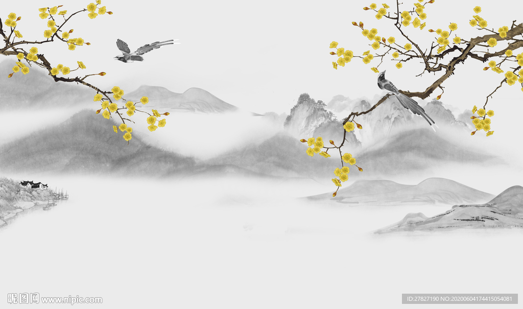 梅花山水 水墨山水 黄色梅花