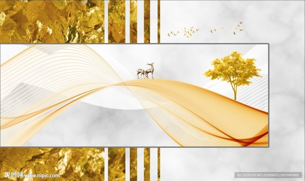 金色线条发财树电视背景墙