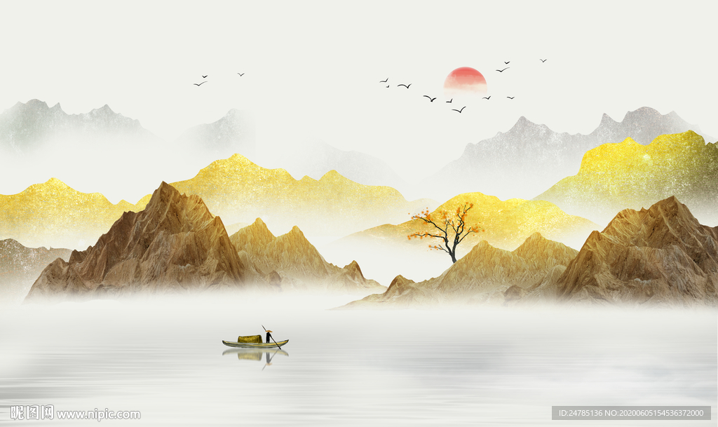 金色水墨山水画