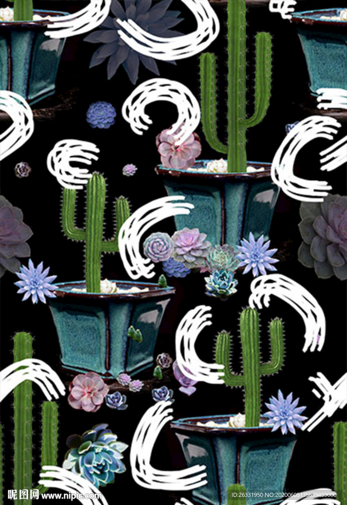 数码印花黑色底绿色仙人掌混色花