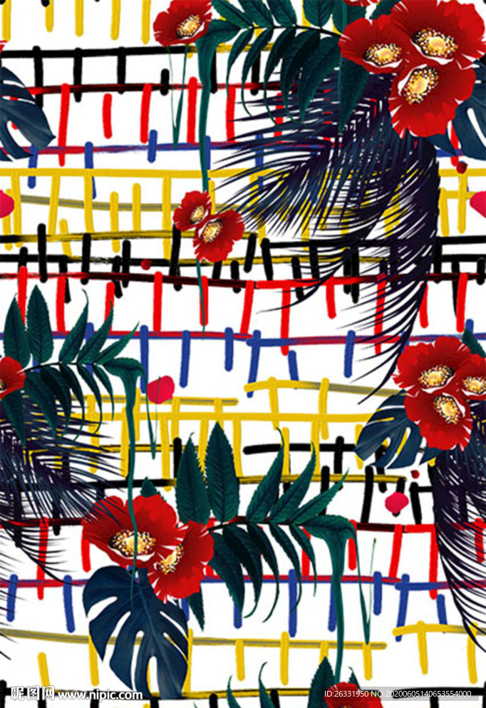 数码印花白色底混色围栏红色花