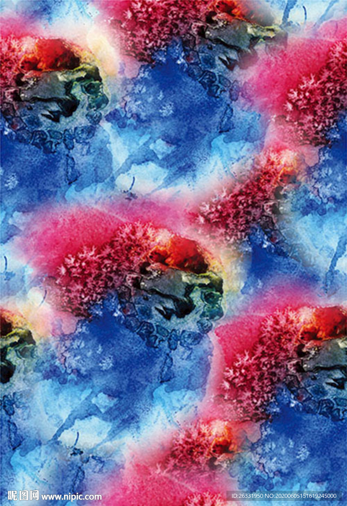 数码印花淡白蓝底蓝色石头红色树