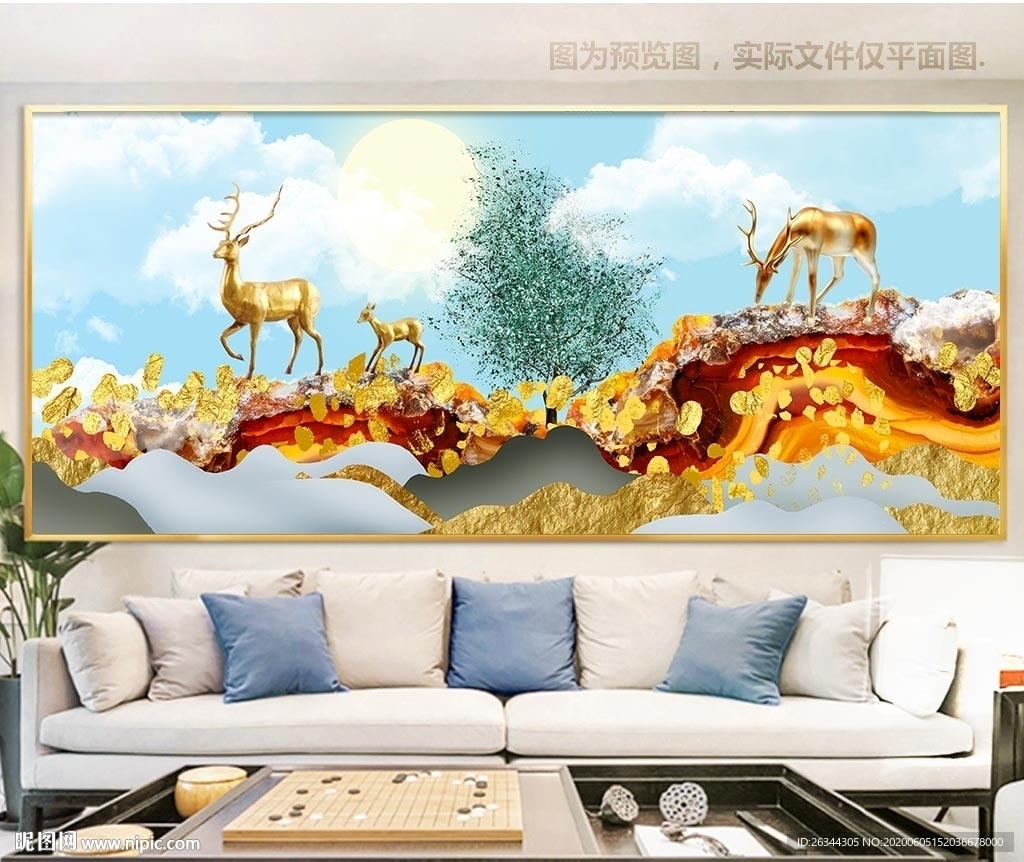 麋鹿山水装饰画晶瓷画