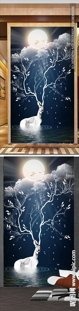 新中式月色麋鹿山水风景玄关装饰
