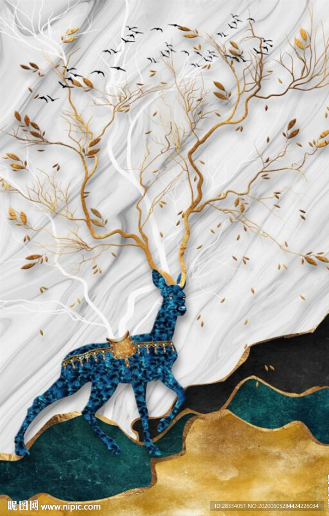 新中式抽象麋鹿山水风景玄关装饰