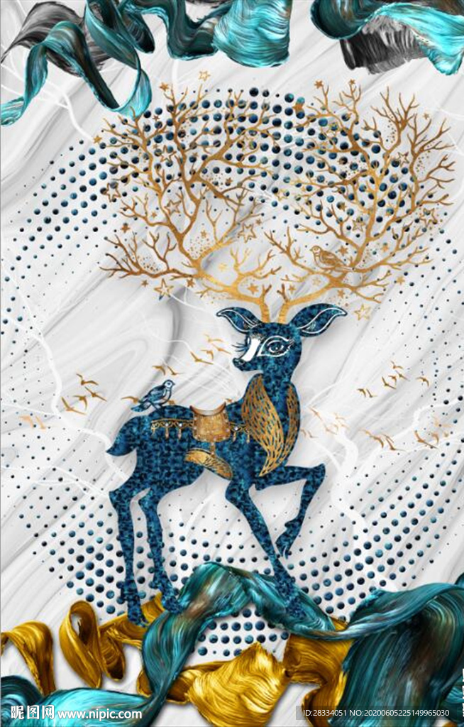 新中式抽象麋鹿山水风景玄关装饰