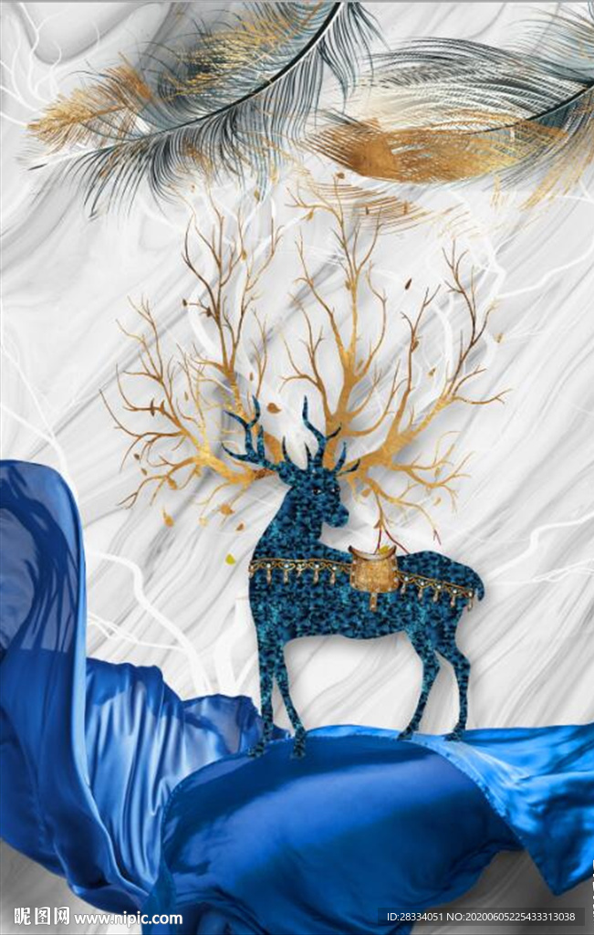 新中式抽象麋鹿山水风景玄关装饰