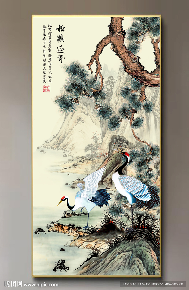 原创玄关手绘仙鹤松树装饰画