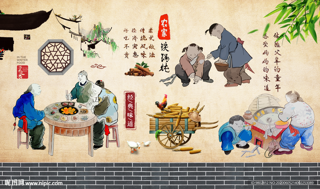 中式铁锅炖美食背景墙