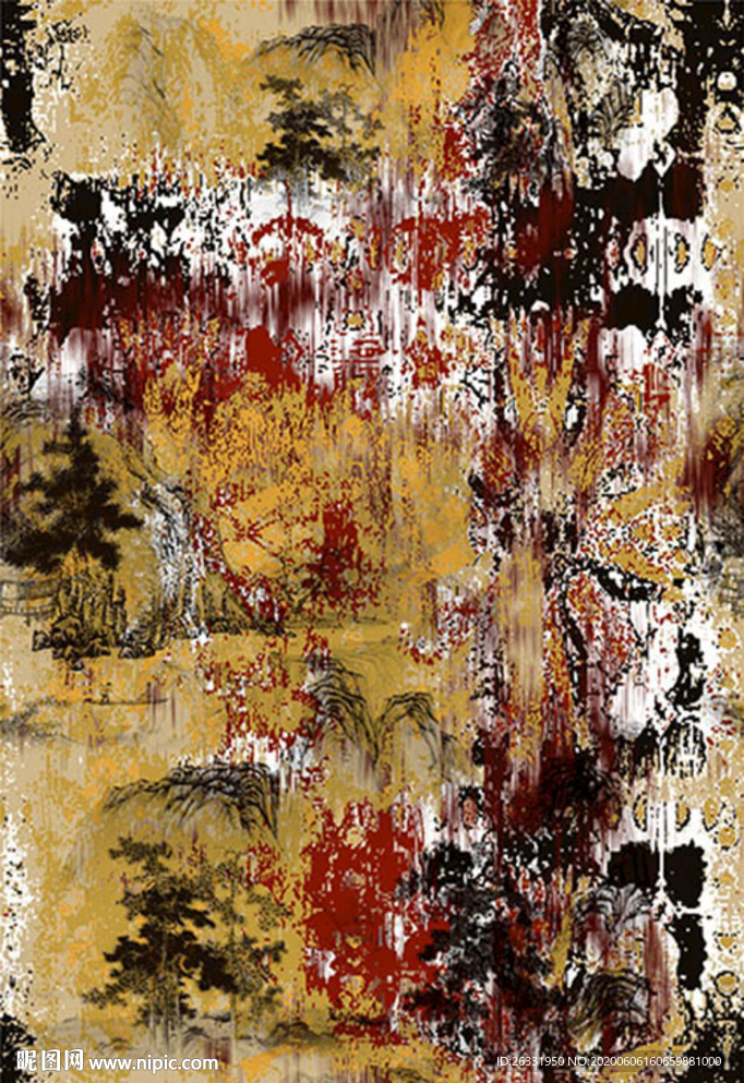 数码印花混色底混色模糊山树