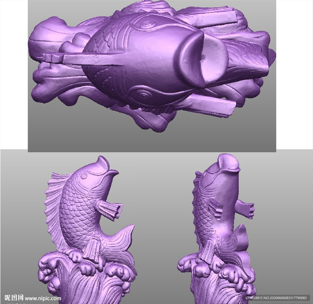 圆雕图  石雕浪花鱼三维立体扫