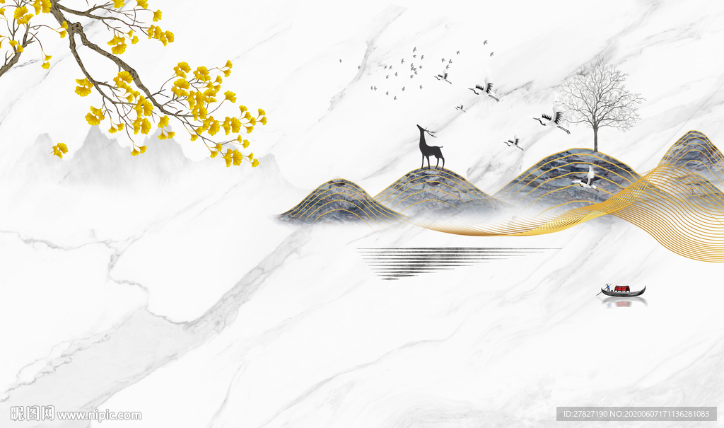 银杏山水 抽象线条 银杏花 新