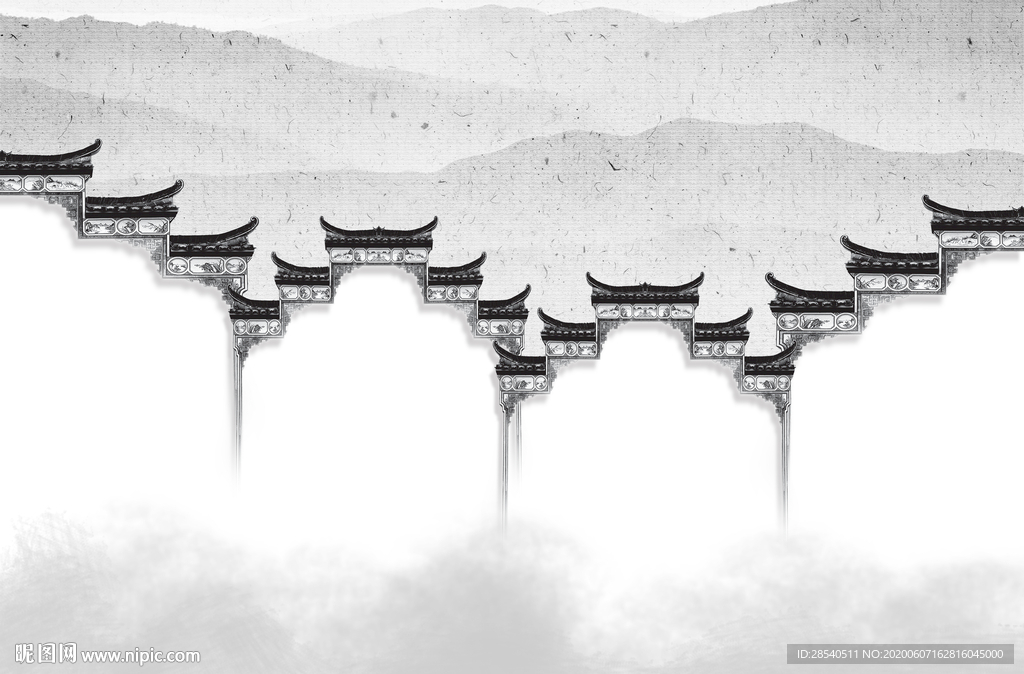 新中式水墨徽派建筑背景墙图片