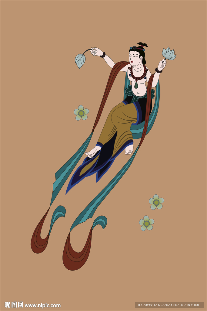敦煌壁画持花飞天矢量图