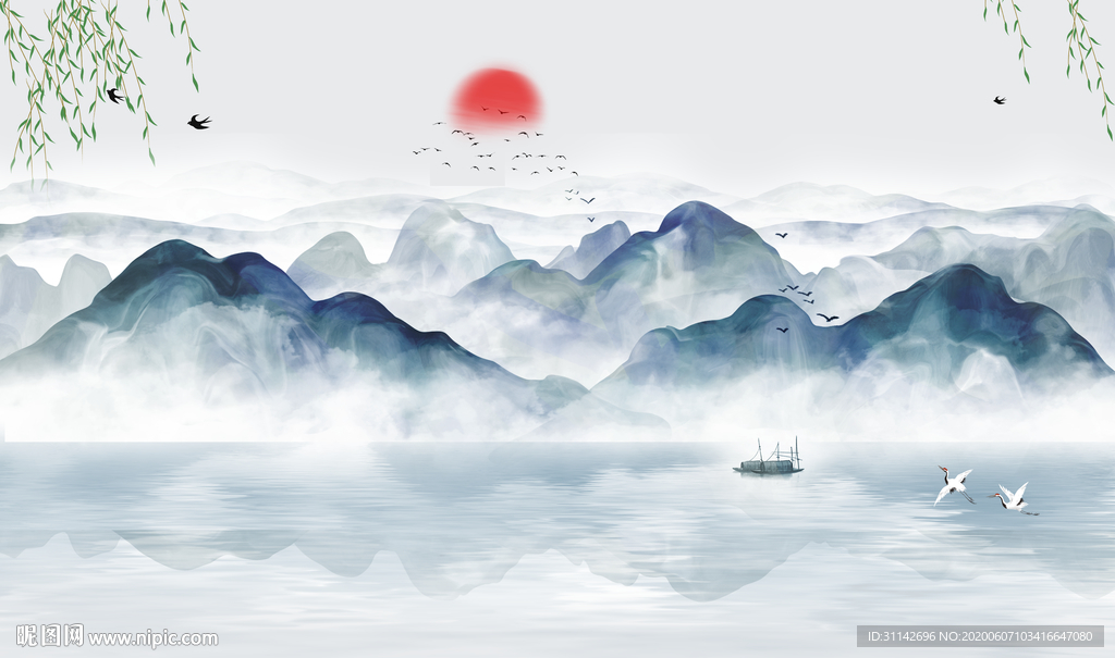 柳树写意山水壁纸