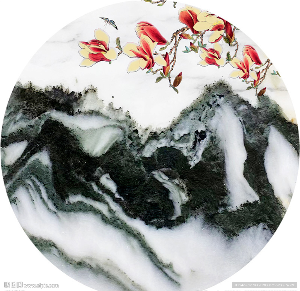 爵士白石纹山水玉兰花圆形装饰画