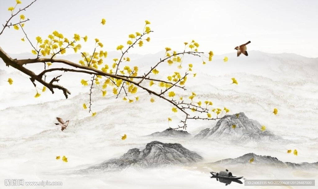 新中式水墨山水银杏爵士白背景墙