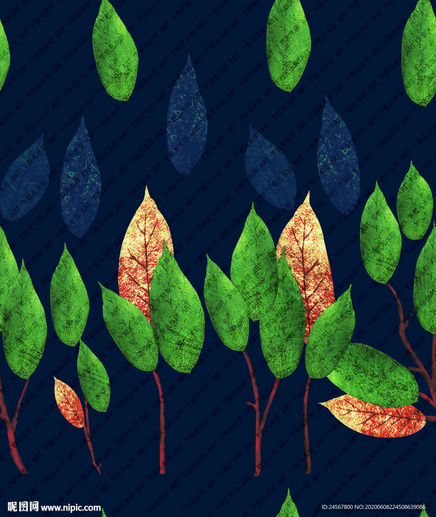 热带叶子 数码印花 手绘叶
