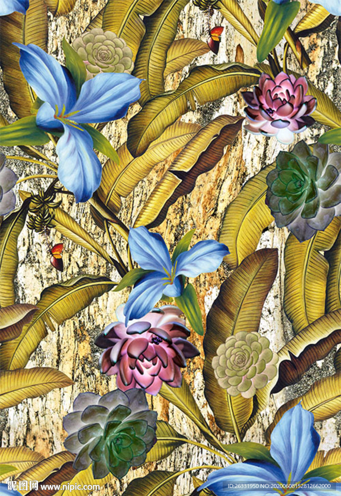 数码印花淡黄底黄色树叶混色花芯