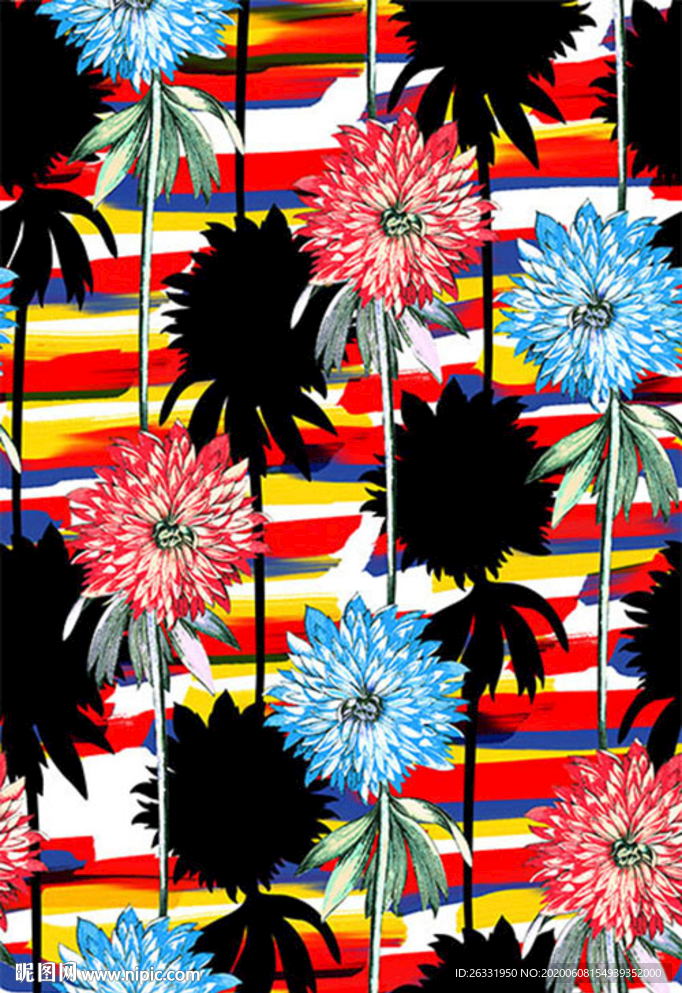 数码印花混色底黑红蓝向日葵花