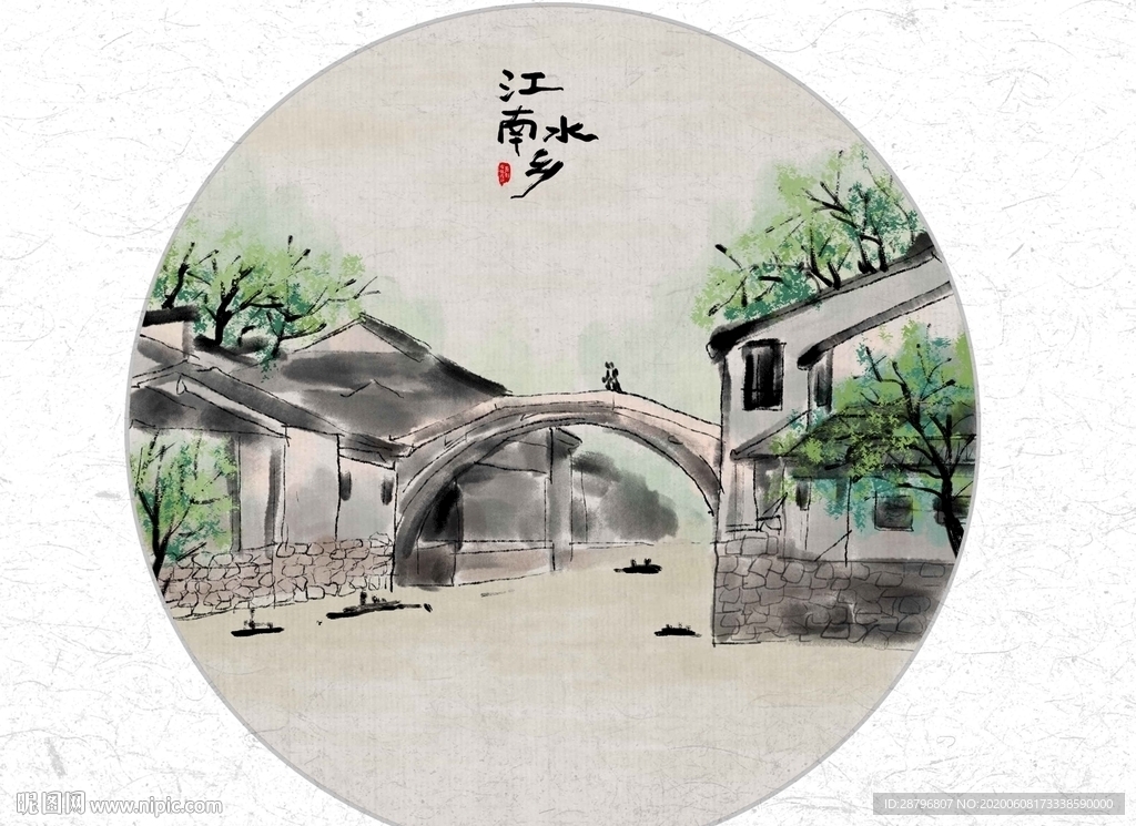 江南水乡风景中国风水墨画