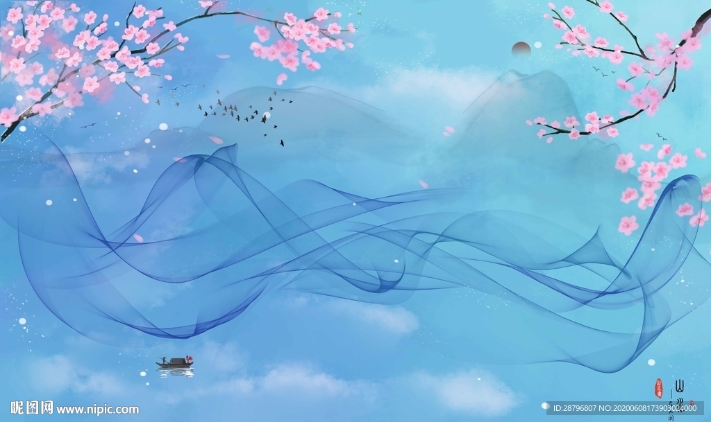新中式水墨山水画上善若水壁画图