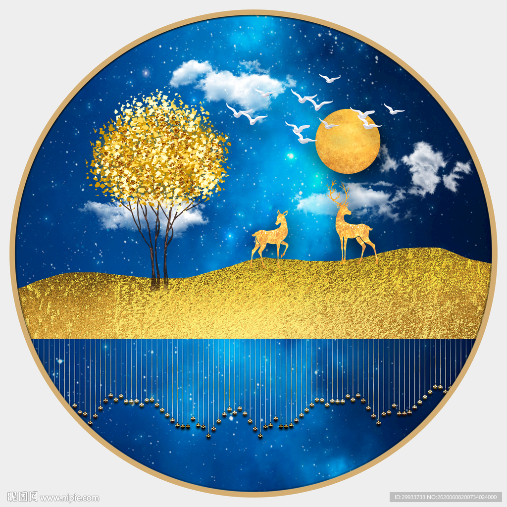 轻奢麋鹿山水发财树圆形装饰画