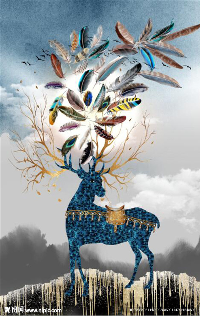 新中式麋鹿羽毛山水玄关装饰画