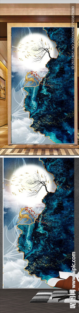 新中式轻奢麋鹿山水装饰无框画