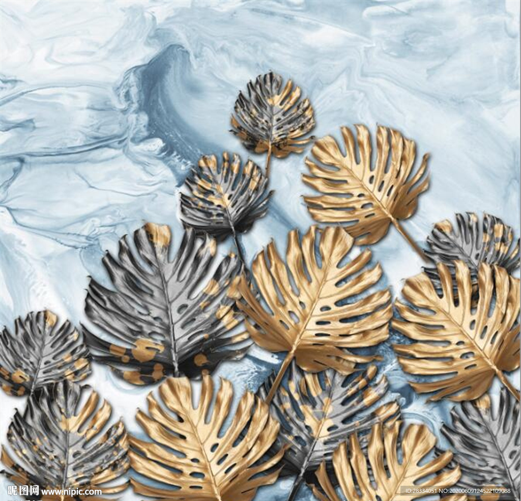 北欧风金色龟背叶玄关装饰画