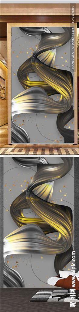 新中式烁金抽象线条玄关装饰画