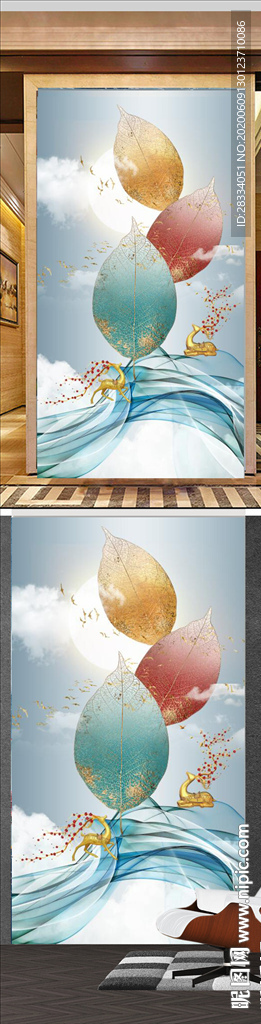 北欧风轻奢麋鹿山水玄关装饰画