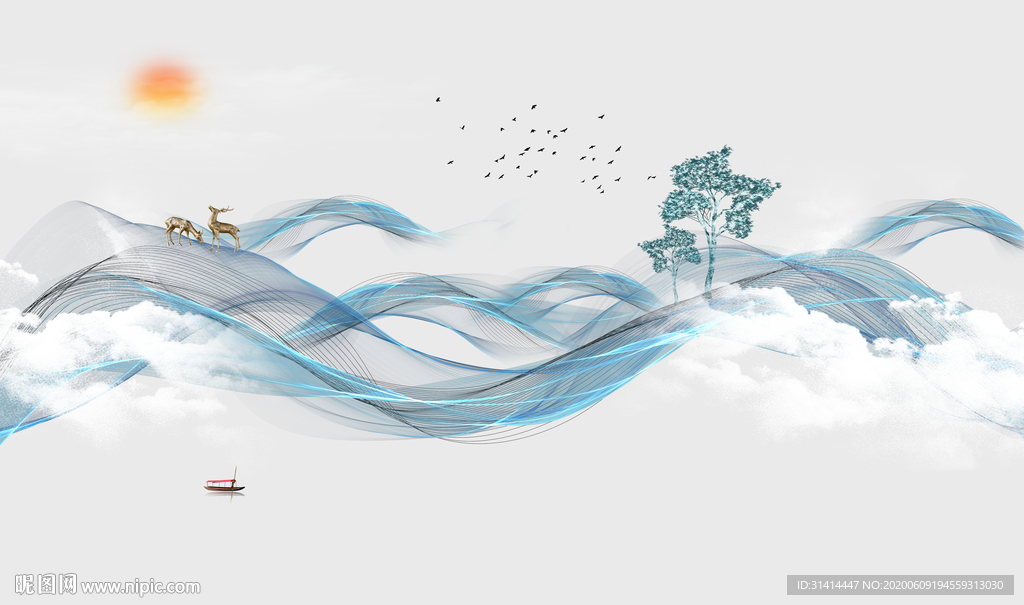 新中式水墨线条山水画