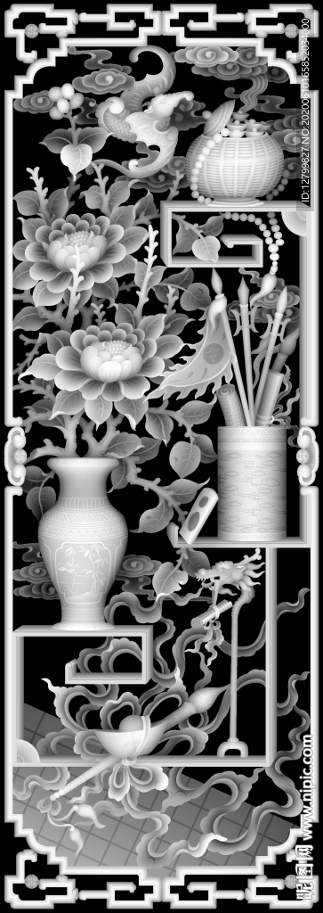 芙蓉花博古花瓶灰度图