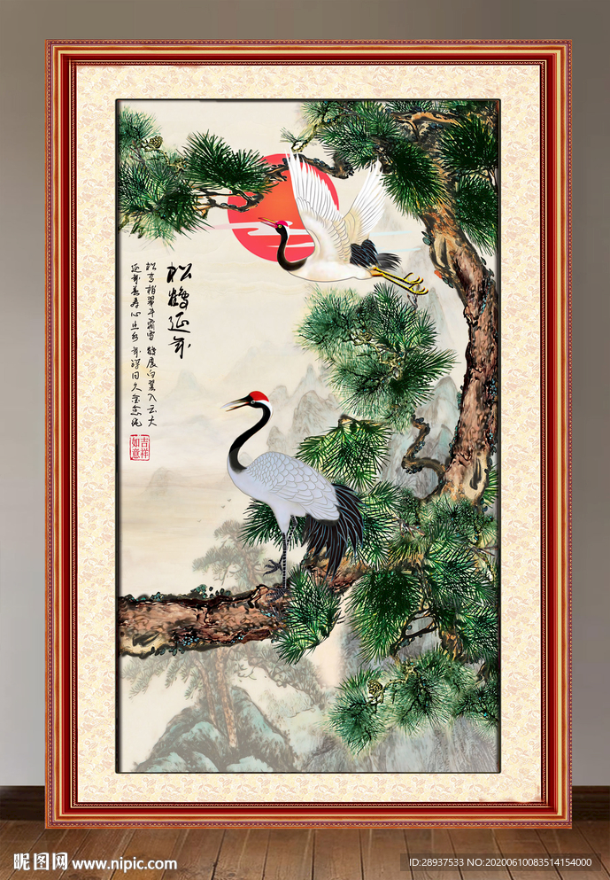 原创玄关松树仙鹤松鹤延年装饰画