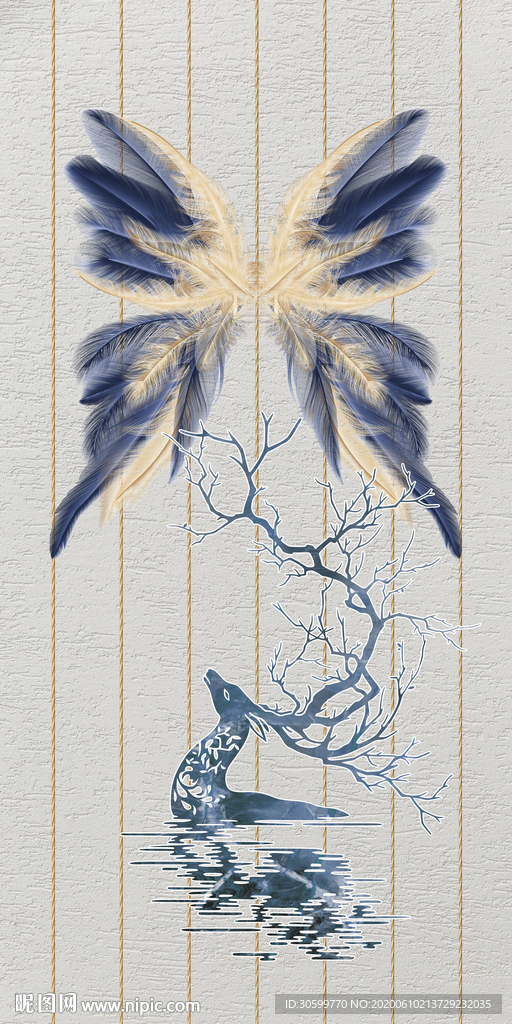 蓝色麋鹿羽毛意境背景装饰画