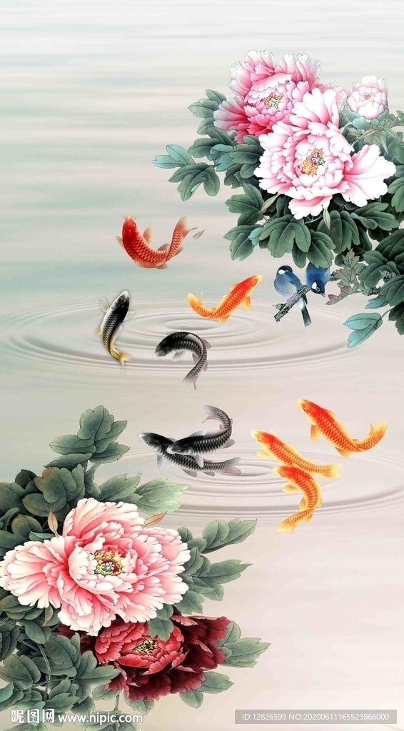 牡丹九鱼图