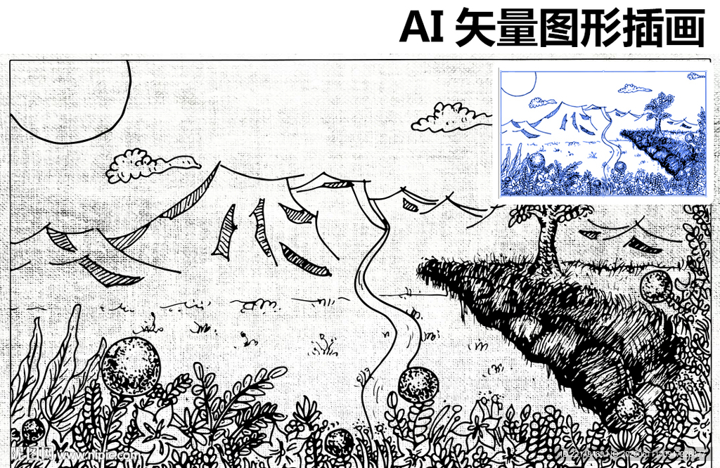 手绘风景速写素描图素材