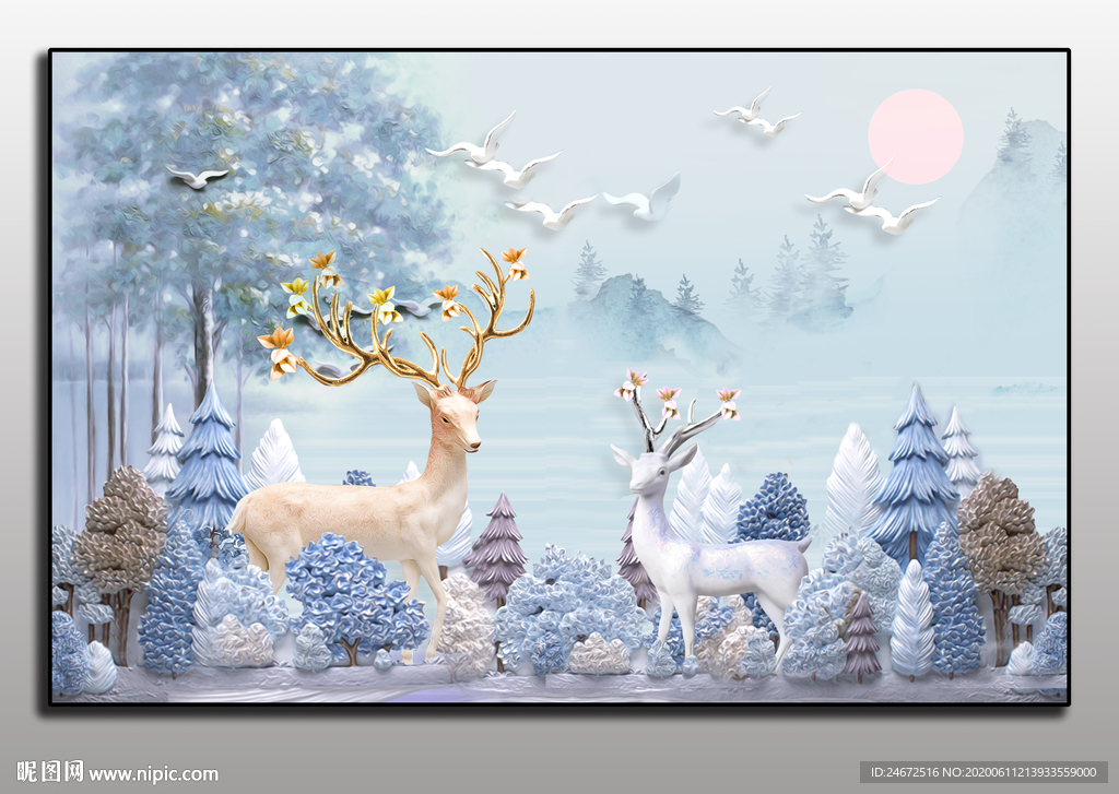 麋鹿 立体浮雕画