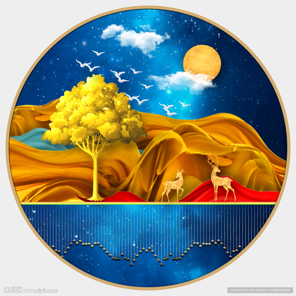 轻奢麋鹿山水发财树圆形装饰画